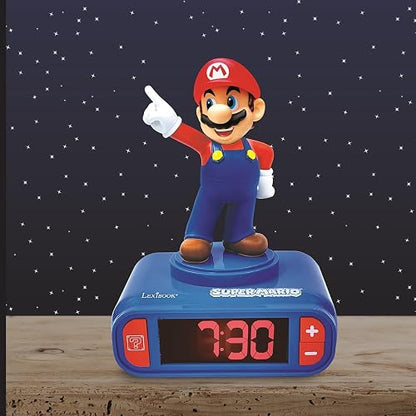 Lexibook Super Mario Despertador Nightlight RL800NI | Rojo/Azul, LCD retroiluminada, 6 sonidos y 6 melodías, repetición, batería AA