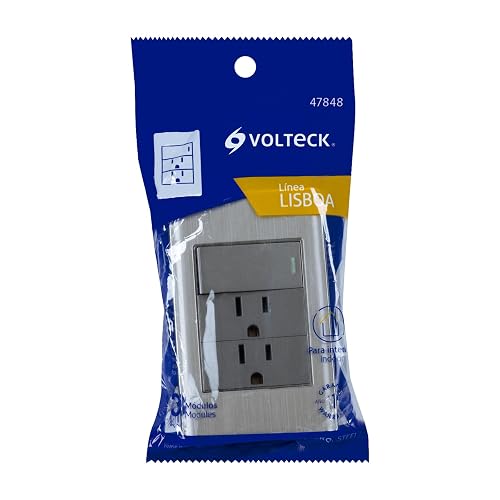 Volteck PA-APCO-L3A, Placa armada 1 interruptor sencillo y 2 contactos de 2 polos + tierra color acero línea Lisboa