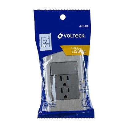 Volteck PA-APCO-L3A, Placa armada 1 interruptor sencillo y 2 contactos de 2 polos + tierra color acero línea Lisboa