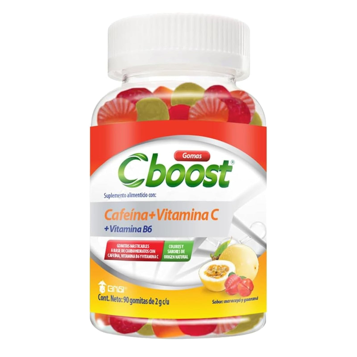 Cboost - Gomitas Cafeína 50mg, Vitamina C y B6, Maracuyá y Guaraná, 90 Pzs | Colores y sabores naturales, extra de energía, para adultos, 1 al día, certificación GMP