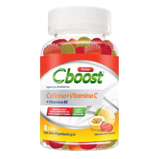 Cboost - Gomitas Cafeína 50mg, Vitamina C y B6, Maracuyá y Guaraná, 90 Pzs | Colores y sabores naturales, extra de energía, para adultos, 1 al día, certificación GMP