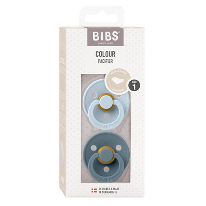 BIBS Chupones Colour Pack de 2, Tetina Anatómica látex natural, Talle 1, Color Baby Blue/Petrol, 0 a 6 meses, Hecho en Dinamarca