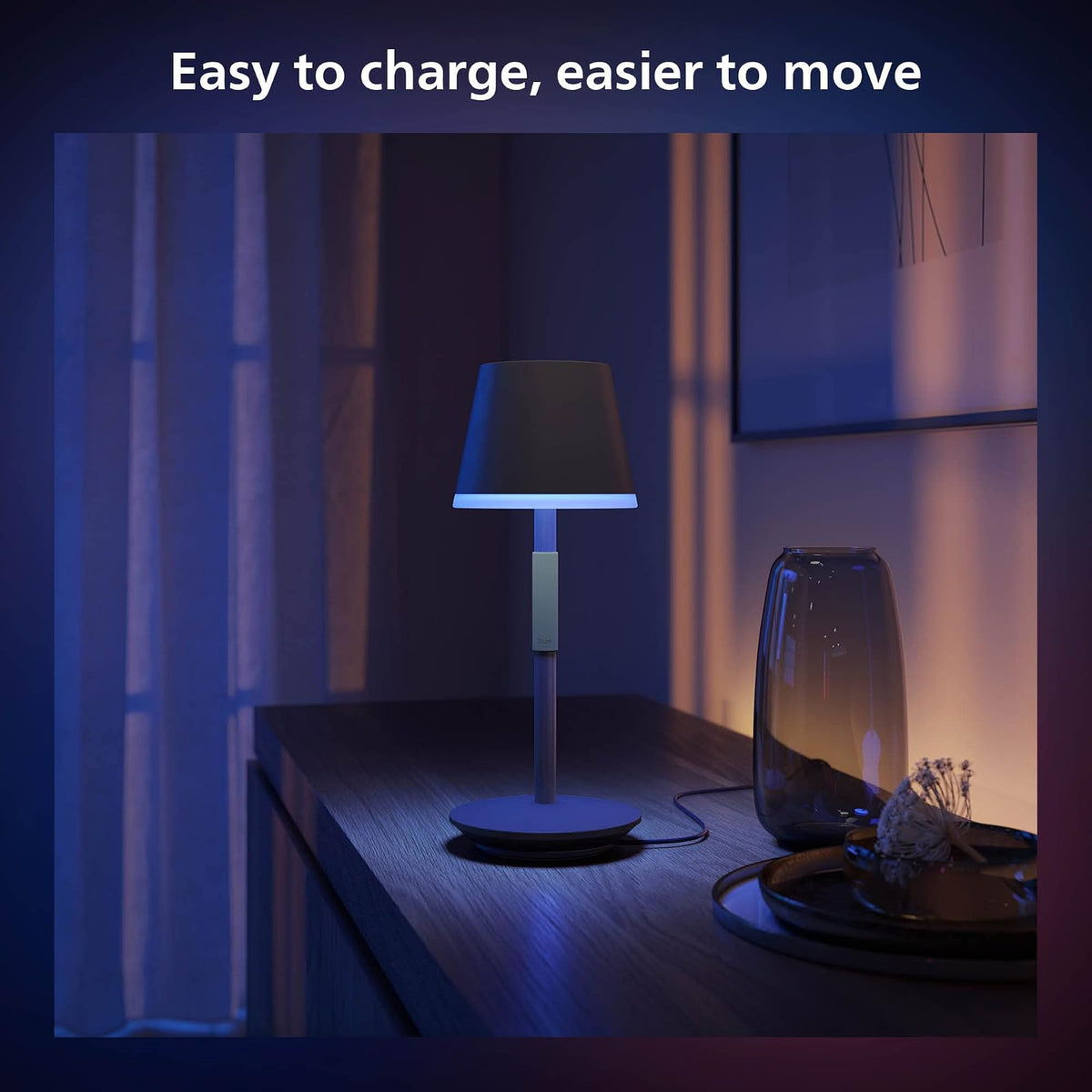 Philips Hue Lámpara Inteligente Portable de mesa luz multicolor adpta para cualquier espacio de tu hogar y compatible con Alexa
