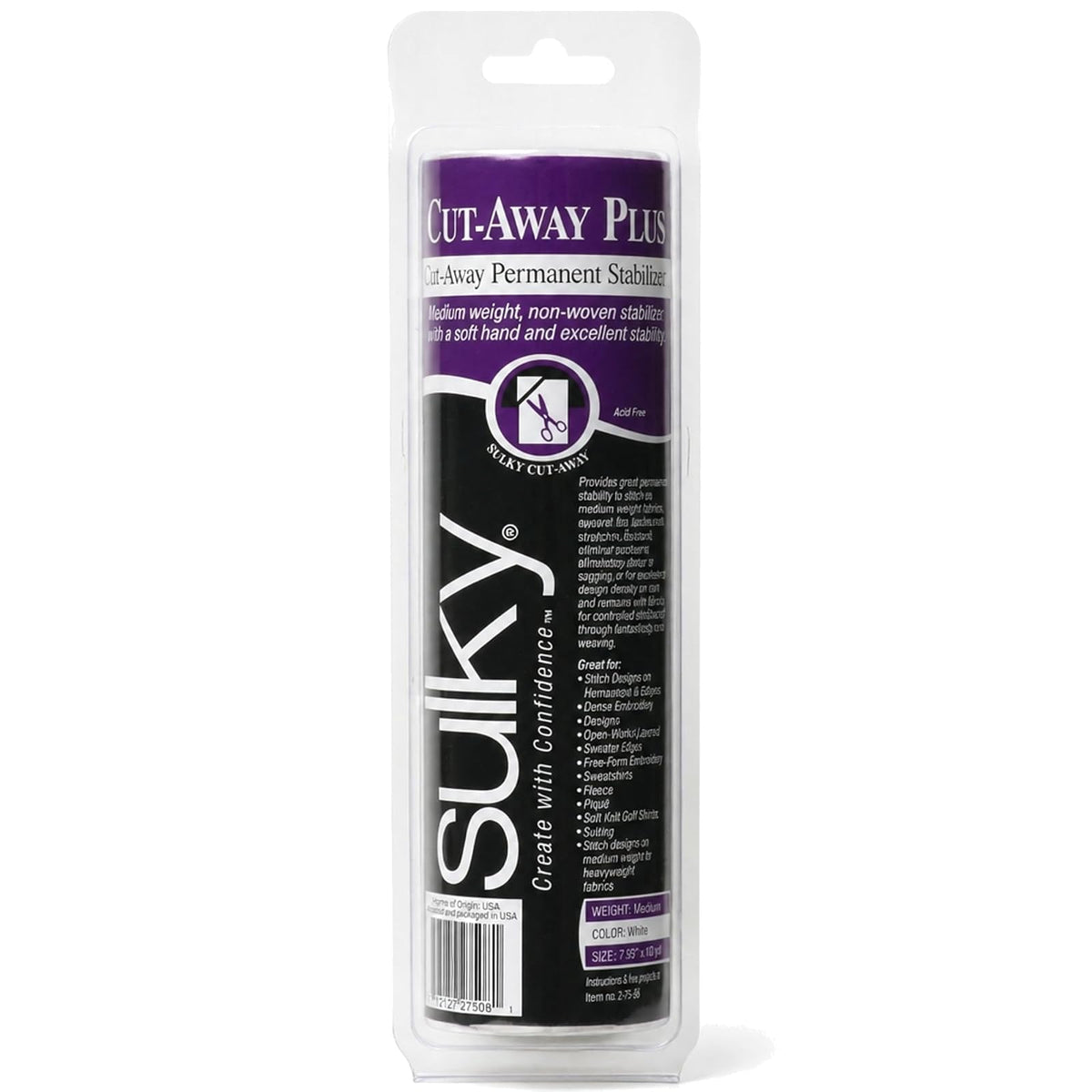 Sulky Of America Cut Away Plus Estabilizador de peso medio, 7-2 / 3in x 8yds, blanco
