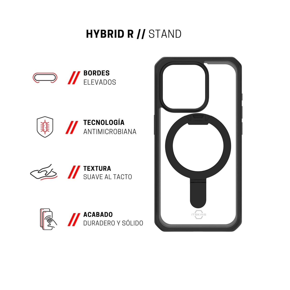 ItSkins Hybrid R Stand Funda con MagSafe Compatible con iPhone 15 Pro, Protección Caídas 3m, Soporte Plegable, Tecnología Antimicrobiana - Negro/Transparente