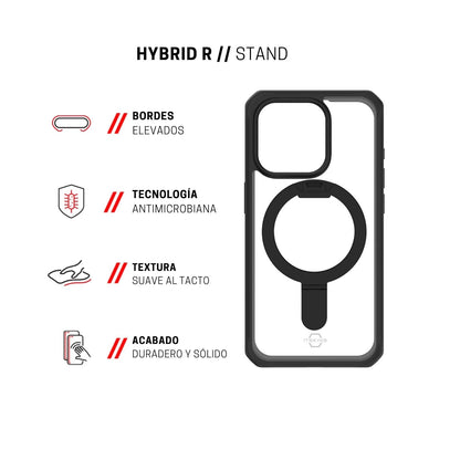 ItSkins Hybrid R Stand Funda con MagSafe Compatible con iPhone 15 Pro, Protección Caídas 3m, Soporte Plegable, Tecnología Antimicrobiana - Negro/Transparente