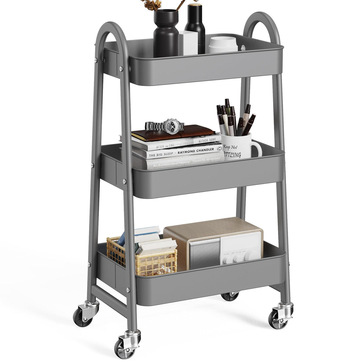 OLIXIS Carrito de Almacenamiento móvil de 3 Niveles, Carro de Almacenamiento móvil de Metal con Ruedas bloqueables, Estante de Almacenamiento Organizador para Sala de Estar, baño, Cocina y Lugares