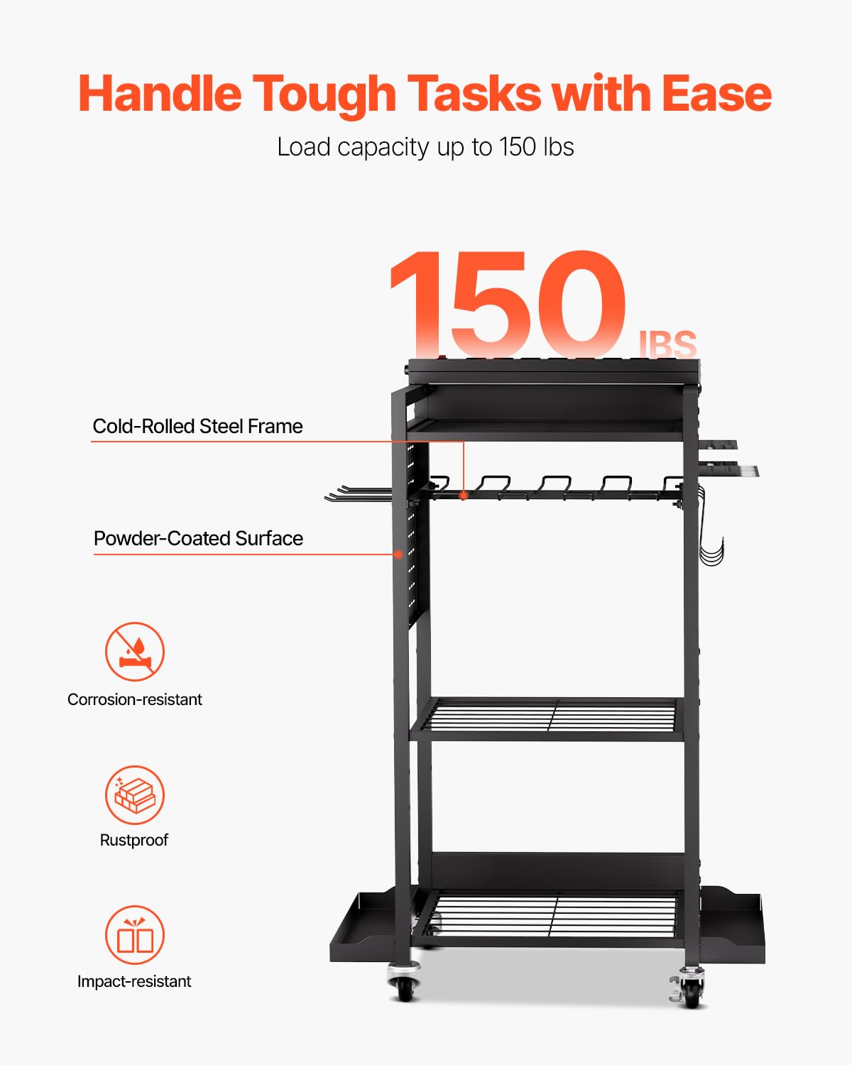 VEVOR Carrito Organizador de Herramientas de 4 Niveles con estación de Carga, 8 Tomas de CA, Soporte para Taladro con Ruedas y Soporte para batería de Herramientas con Ruedas, para Taller o Garaje