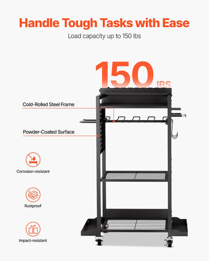 VEVOR Carrito Organizador de Herramientas de 4 Niveles con estación de Carga, 8 Tomas de CA, Soporte para Taladro con Ruedas y Soporte para batería de Herramientas con Ruedas, para Taller o Garaje