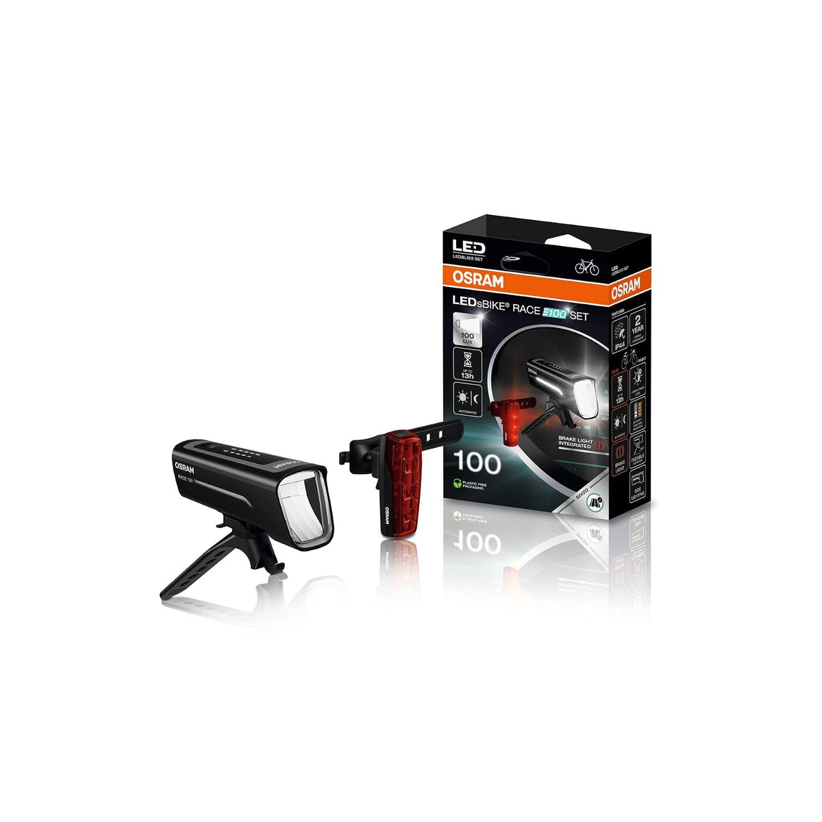 OSRAM LEDsBIKE Race 100 Set Luces LED Recargables para Bicicleta Delanteras y Traseras con Luz de Freno, 100 Lux