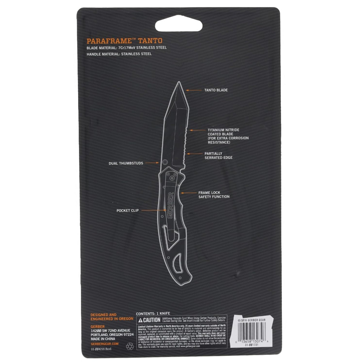 Gerber Paraframe I Knife, Tanto Point, Black [31-001731]