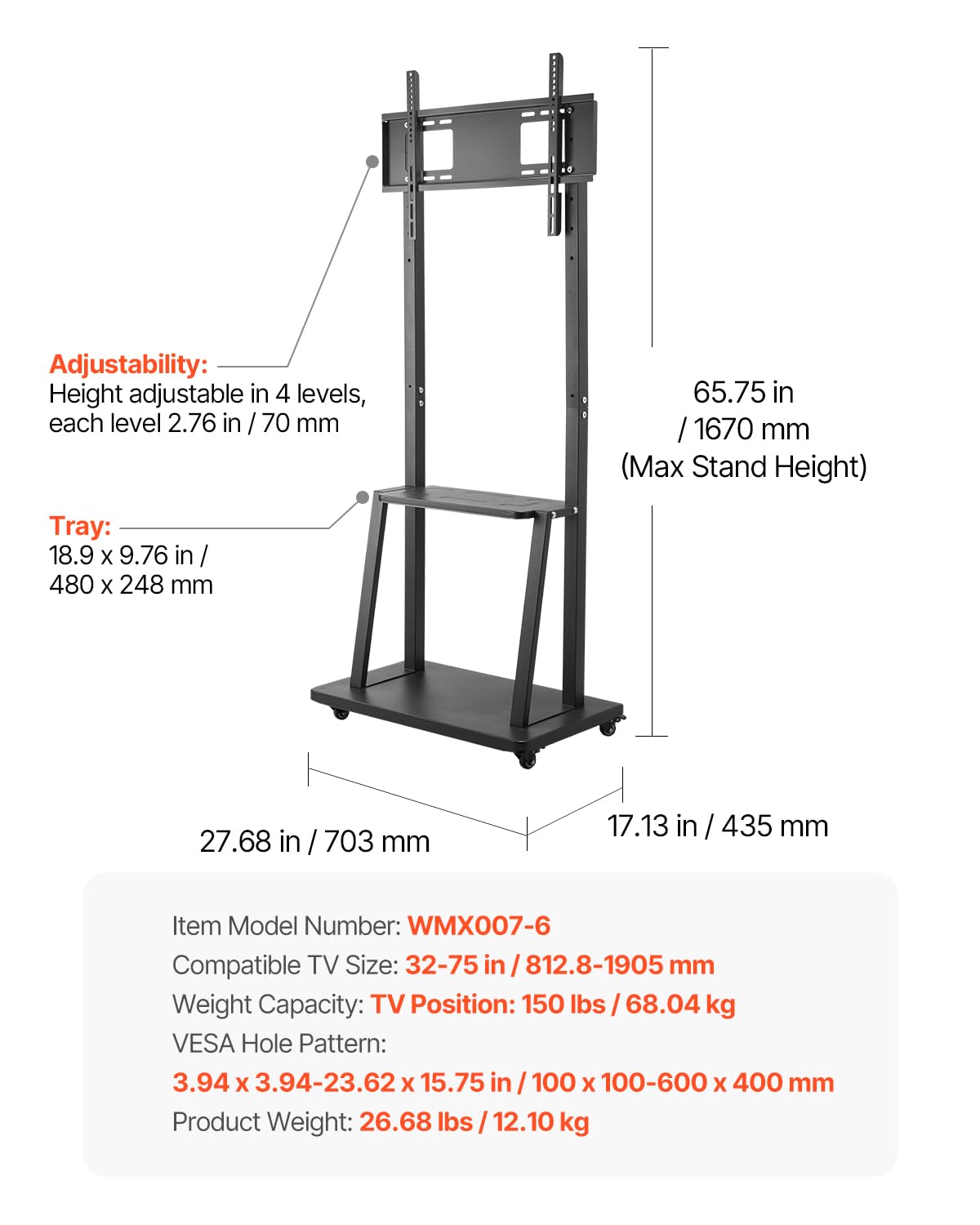 VEVOR Soporte de TV Móvil con Ruedas para Televisores de 812,8-1905 mm y hasta 68,04 kg, Soporte de Monitor Portátil de Altura Ajustable con Estante para Salón y Oficina (máx. VESA 600 x 400 mm)