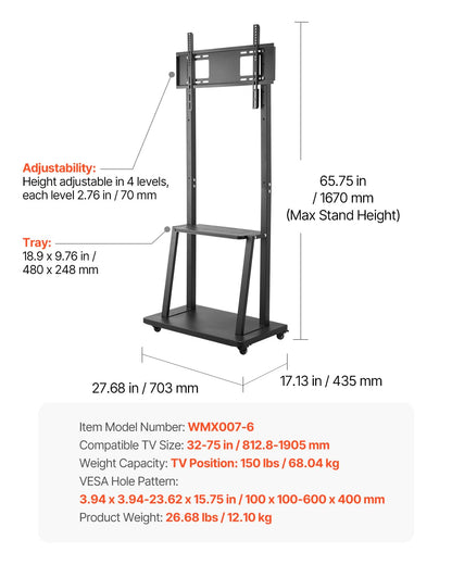 VEVOR Soporte de TV Móvil con Ruedas para Televisores de 812,8-1905 mm y hasta 68,04 kg, Soporte de Monitor Portátil de Altura Ajustable con Estante para Salón y Oficina (máx. VESA 600 x 400 mm)