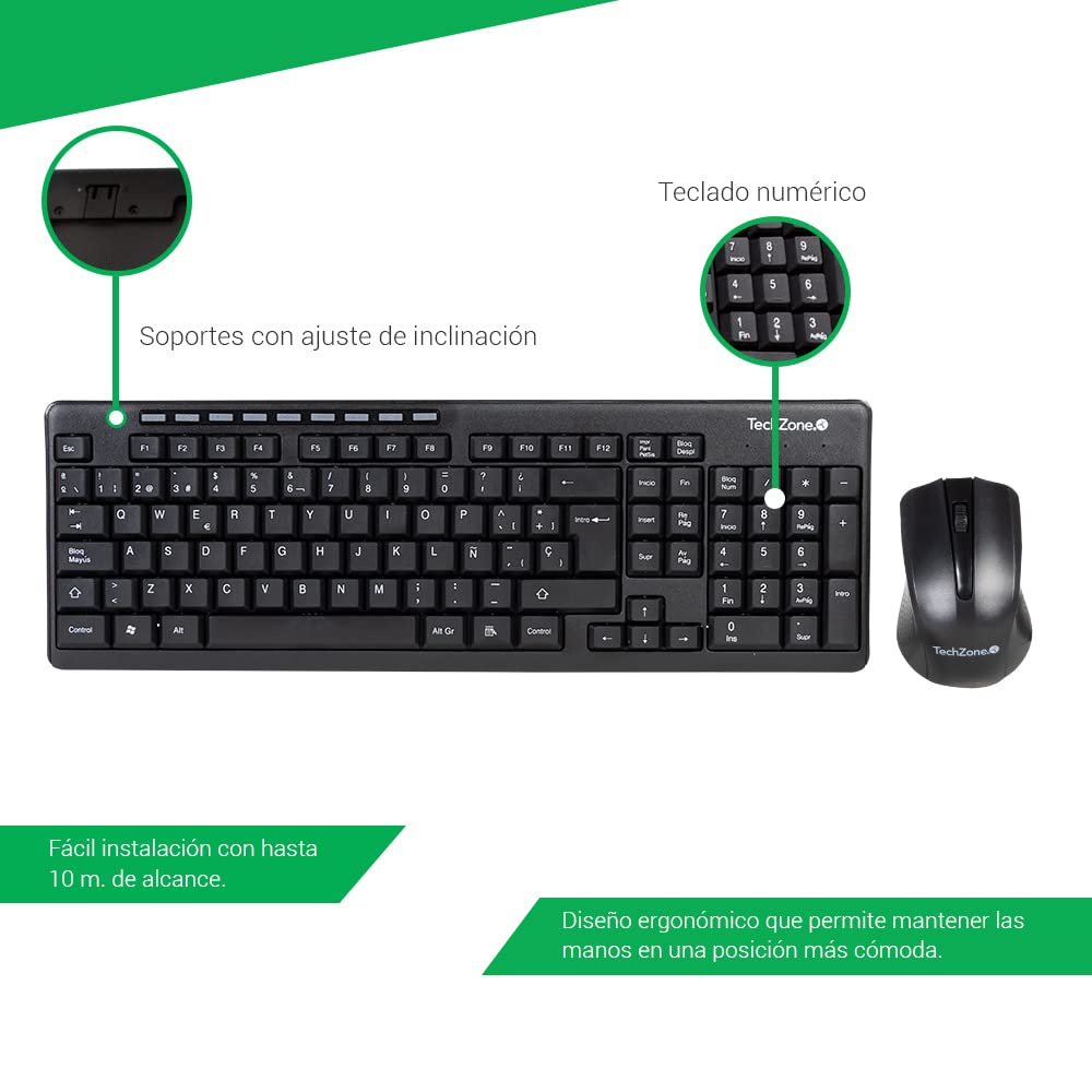 TECHZONE Kit Mouse y Teclado Inalámbrico Color Negro con Teclas de Navegación de Fácil Acceso, Resistentes al Desgaste. Mouse con Precisión de Movimiento, hasta 10 MTS de Alcance. Incluye Baterías.