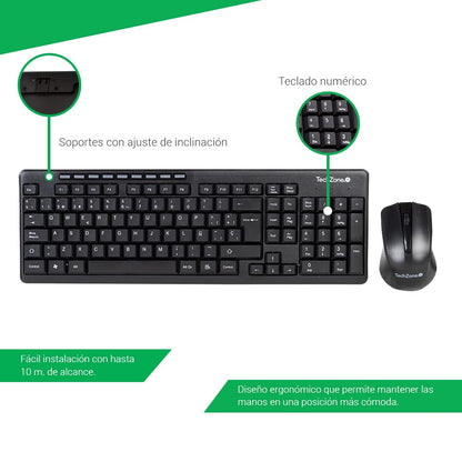 TECHZONE Kit Mouse y Teclado Inalámbrico Color Negro con Teclas de Navegación de Fácil Acceso, Resistentes al Desgaste. Mouse con Precisión de Movimiento, hasta 10 MTS de Alcance. Incluye Baterías.