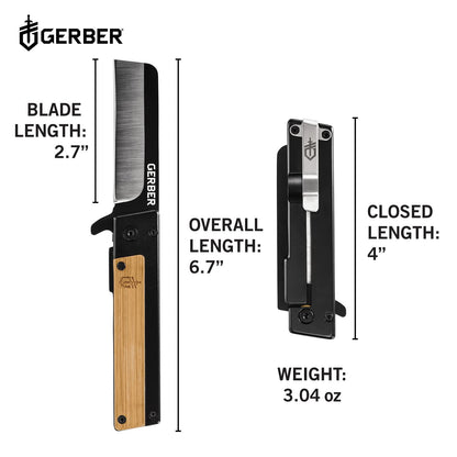 Gerber Quadrant Cuchillo de aleta de filo recto, con clip de bolsillo | Hoja de acero inoxidable, mango de bambú, clip de bolsillo, apertura abierta, transporte diario, cuchillo de supervivencia