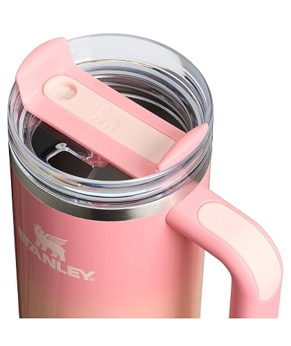 STANLEY - Vaso con asa y popote de 30 onzas, tapa Flowstate de 3 posiciones, compatible para viajes, taza de acero inoxidable aislada, sin BPA, puesta de sol de mesa rosa