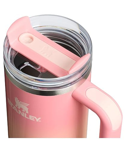 STANLEY - Vaso con asa y popote de 30 onzas, tapa Flowstate de 3 posiciones, compatible para viajes, taza de acero inoxidable aislada, sin BPA, puesta de sol de mesa rosa