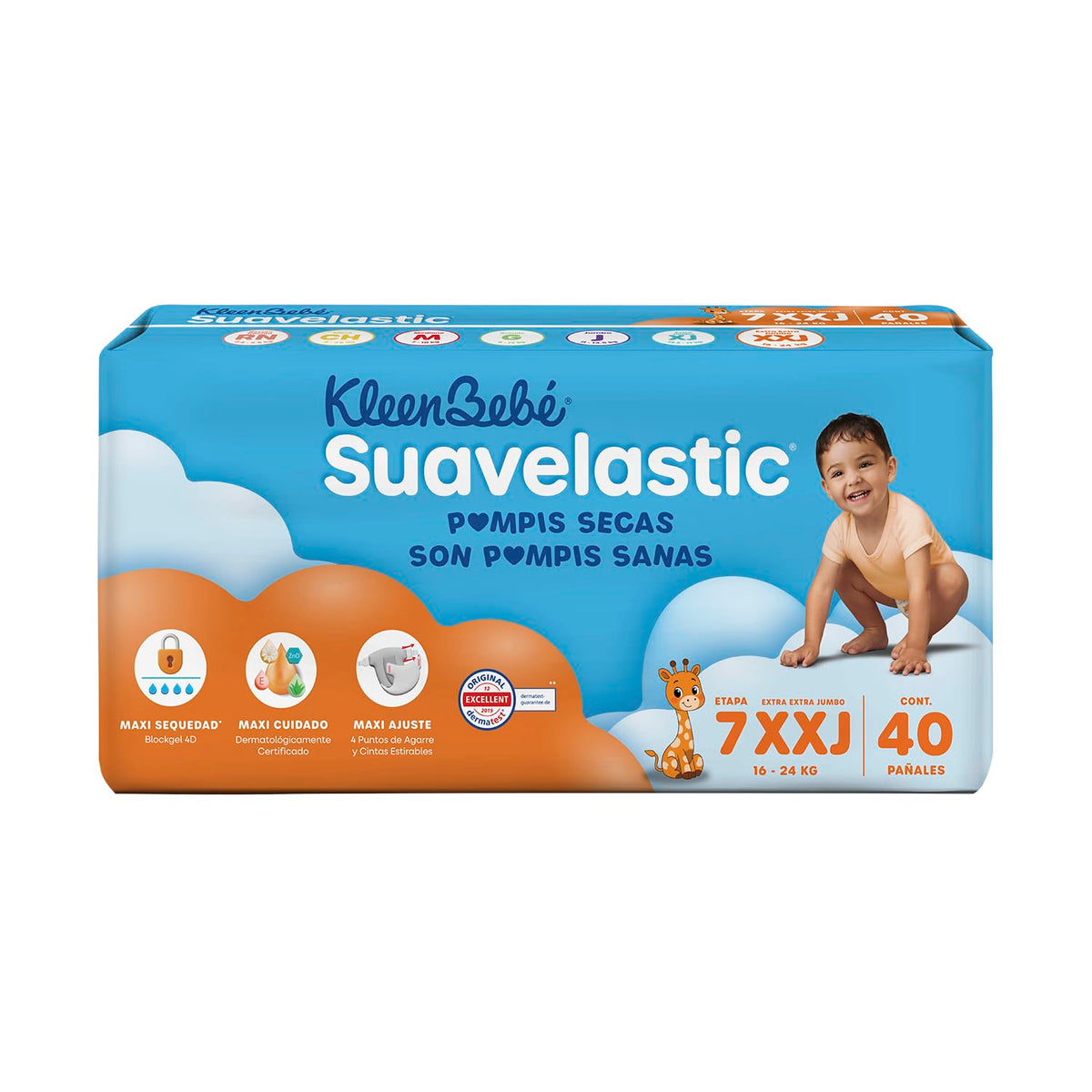 KleenBebé Suavelastic Pañal Desechable para Bebé, Talla Extra Extra Jumbo, Unisex, Bolsa con 40 Piezas, Ideal para Bebés de más de 13.5 kg