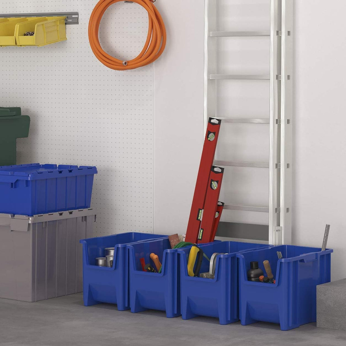 Akro-Mils 13014 Stak-N-Store Stacking Hopper Front Plastic Storage Bin, Blue, Case of 4