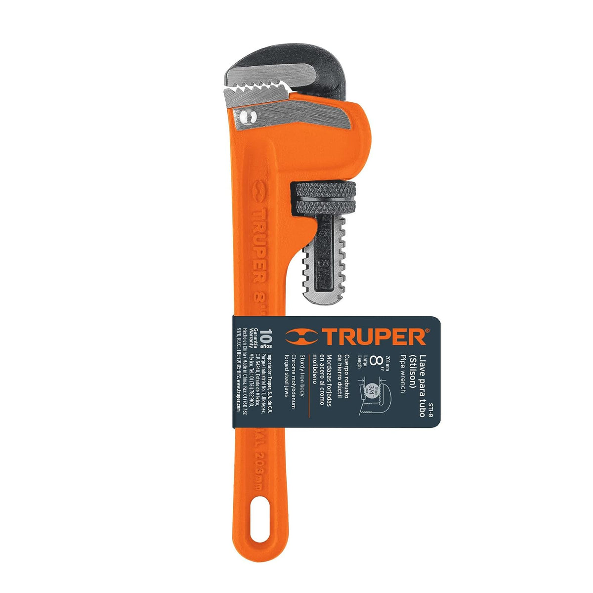 Truper STI-8, Llave para tubo, Stilson, 8", cuerpo robusto de hierro