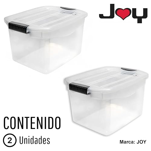 JOY - Caja de Almacenamiento Apilable, Pack de 2, para Organizador Armario, Juguetes, Ropa, con Broche y Tapa Duradera, 29 Litros de Capacidad, Plástico Libre de BPA, Transparente