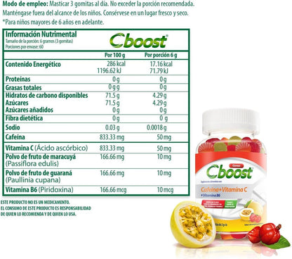 Cboost - Gomitas Cafeína 50mg, Vitamina C y B6, Maracuyá y Guaraná, 90 Pzs | Colores y sabores naturales, extra de energía, para adultos, 1 al día, certificación GMP
