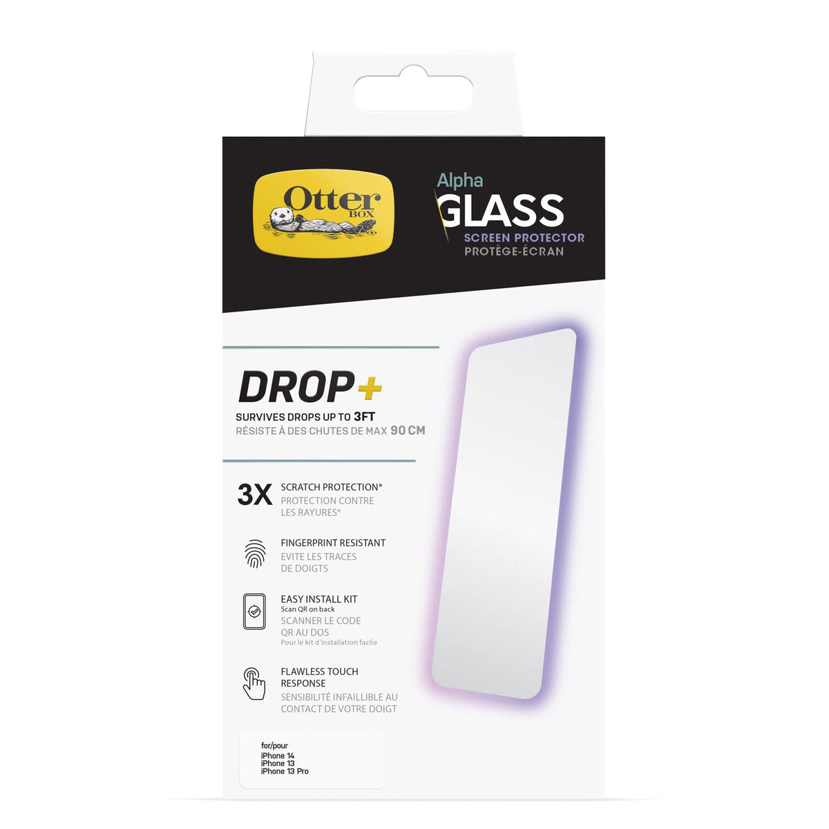 OtterBox ALPHA GLASS SERIES ANTIMICROBIAL Protector de Pantalla para iPhone 14, iPhone 13 & iPhone 13 Pro