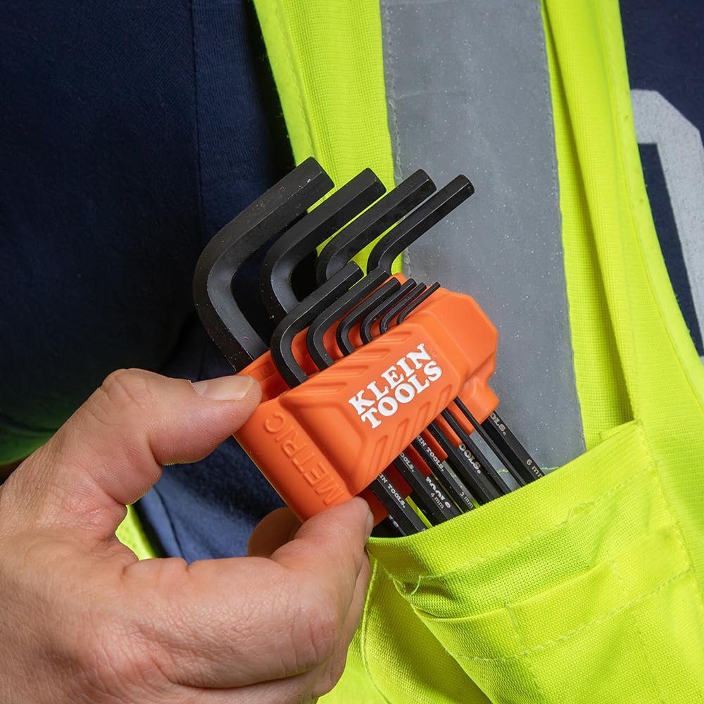 KLEIN TOOLS LS22 Juego de llaves hexagonales largas de 22 piezas, SAE y métricas, tratado térmicamente, tamaño de llave estilo L de 1/16 pulgadas a 3/8 pulgadas y 1.5 a 10 mm