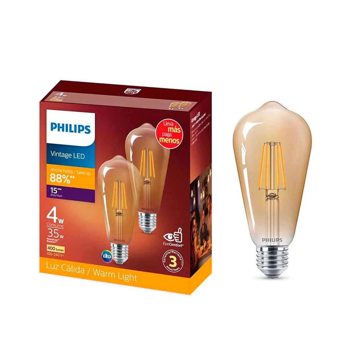 Philips LED Foco filamento ST64 35W Luz Cálida 2pack