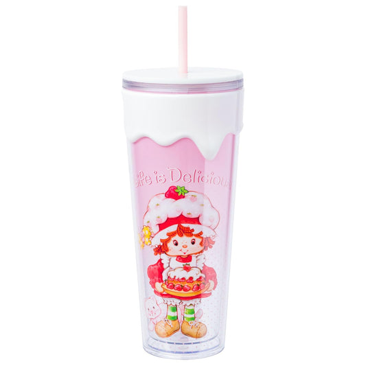 Silver Buffalo Strawberry Shortcake clásico Life is Delicious - Vaso de plástico de 26 onzas con tapa y popote