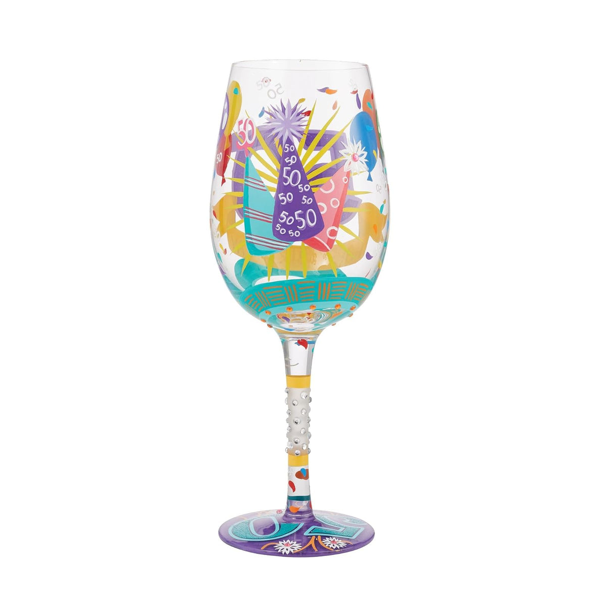 Enesco Designs by Lolita Happy 50th Birthday - Copa de vino artesanal pintada a mano, 15 onzas, multicolor