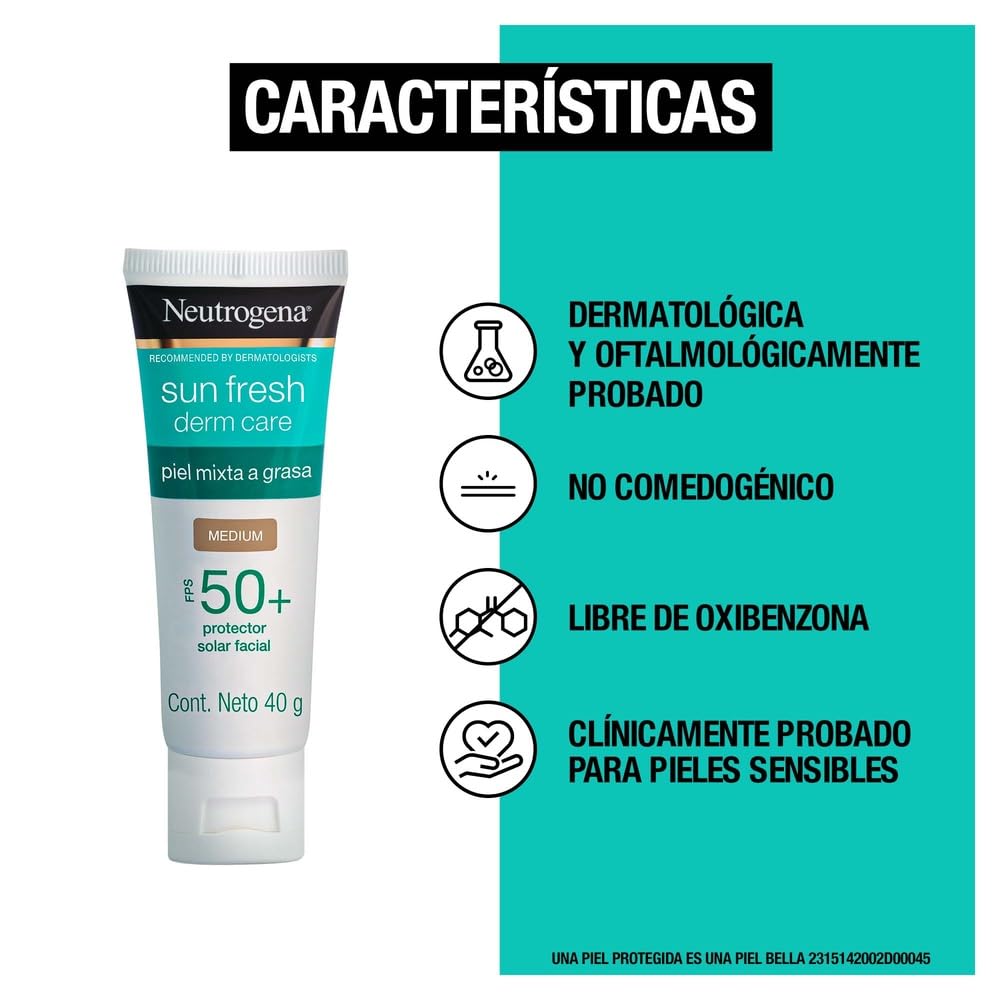 Neutrogena Sun fresh Protector Solar Facial Tono Medio Dermcare Niacinamida FPS50+, 40g