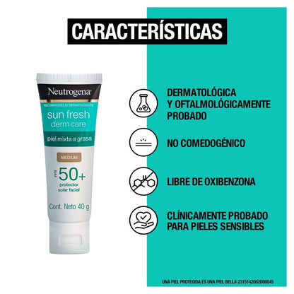 Neutrogena Sun fresh Protector Solar Facial Tono Medio Dermcare Niacinamida FPS50+, 40g