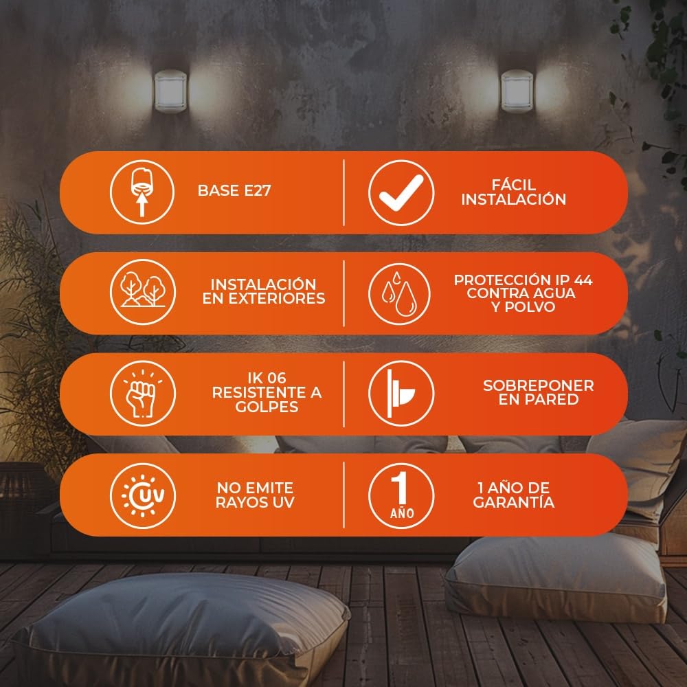 Tecnolite - Lámpara Exterior Urbino para Sobreponer en Muro y Pared de Color Satinado. Potencia 60 W, Base E27, Protección IP44 a Prueba de Polvo y Agua