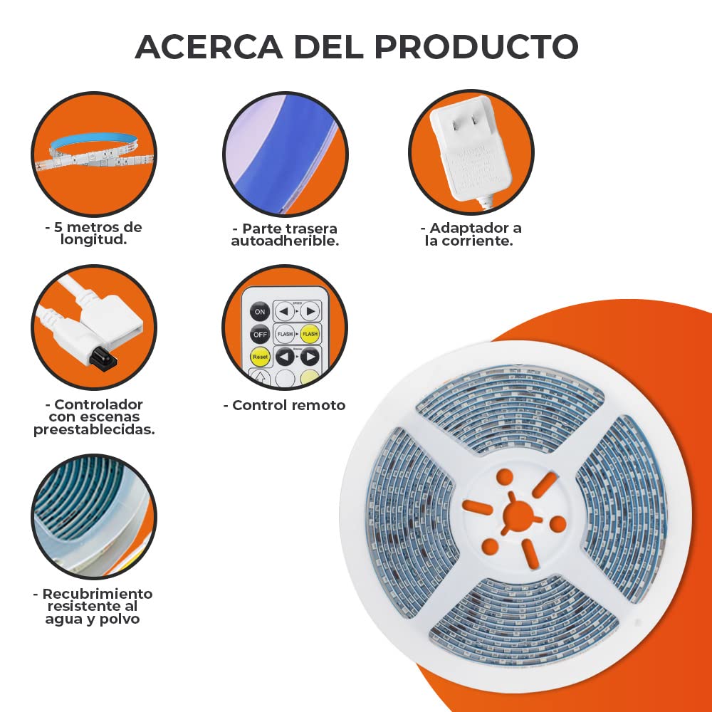 Tecnolite Tira LED 5 Metros 24 W - Luz Blanca Ajustable, Atenuable, Control Remoto Incluido, IP65 Impermeable Resistente al Agua, Strip Light, Tira de Luz para Interiores y Exteriores