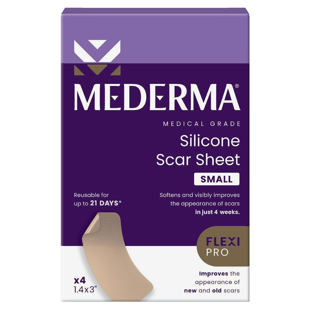 Mederma Hoja de silicona de grado médico para cicatrices pequeñas, 1.4 x 3 pulgadas (4 unidades), para cicatrices de lesiones, quemaduras y cirugía