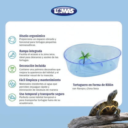Lomas Tortuguero en Forma de Riñón 12 in (30 cm) para Tortugas Pequeñas con Rampa y Zona Seca Decorativa Colores Surtidos
