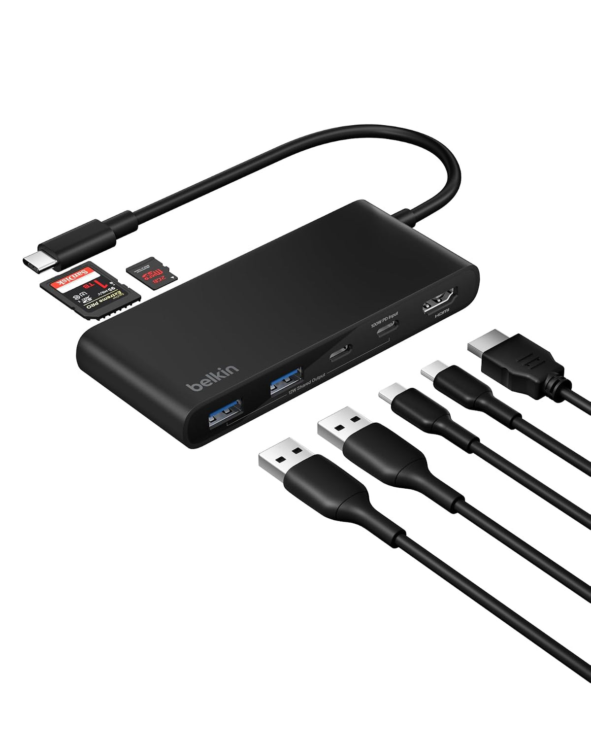 Belkin Hub USB C, concentrador de 7 Puertos con visualización HDMI 4K a 60Hz, SD y MicroSD, Entrega de energía de 100 W, Transferencia de Datos rápida de 5 Gbps, Adaptador multipuerto USB C para