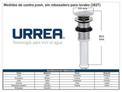 Urrea 3827 Contra Push sin Rebosadero para Lavabo, Acabado Cromo