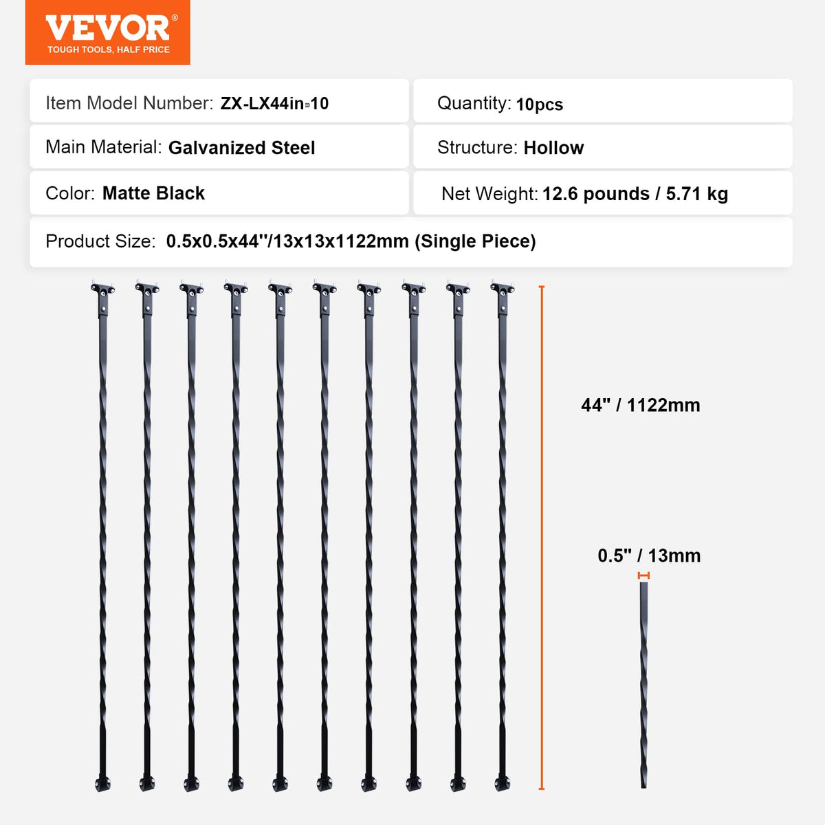 VEVOR - de metal para escalera, 44 x 1/2 pulgadas, ejes decorativos de acero galvanizado, paquete de 10 de cubierta con giros huecos, de escalera en espiral negra