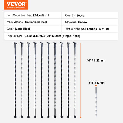 VEVOR - de metal para escalera, 44 x 1/2 pulgadas, ejes decorativos de acero galvanizado, paquete de 10 de cubierta con giros huecos, de escalera en espiral negra