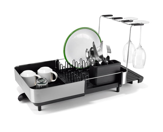 Joseph Joseph Extend Steel Plus Escurridor de Platos Extensible de Acero, de pequeño a Grande, con Soporte para Copas de Vino y Boquilla de Drenaje, Negro