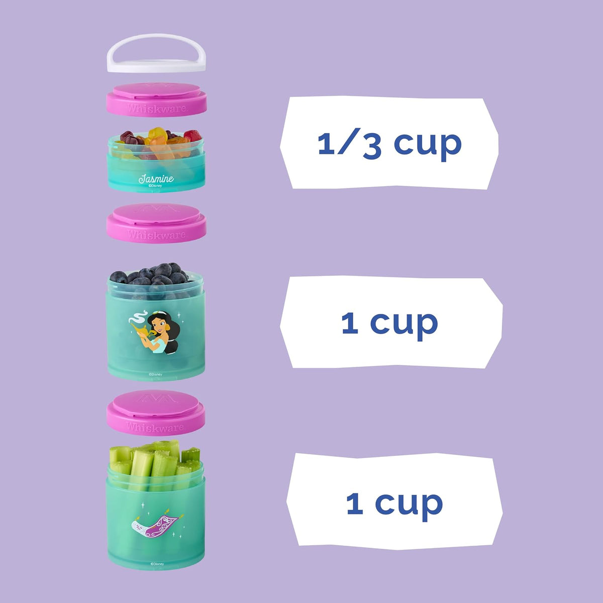 Whiskware Disney Princess Aladdin, contenedores apilables para bebés, niños y niños, 3 tazas apilables para aperitivos para la escuela o viajes, mochila y portavasos, alfombra mágica y jazmín