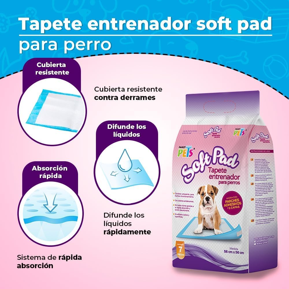 Fancy Pets Tapete Entrenador para Perros Soft Pad, 50 Pzas, Súper Absorbente, con Atrayente y Antiderrapante, Protección de Pisos y Entrenamiento