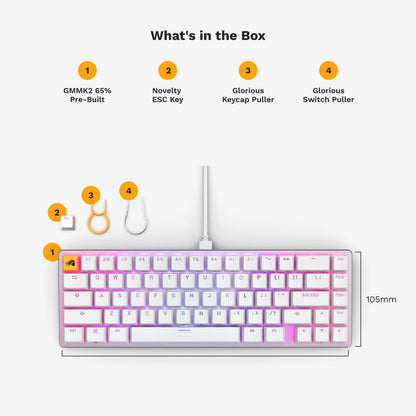 Glorious Gaming GMMK 2-65% Teclado - Diseño Personalizado Blanco - Perfil bajo Compacto - Intercambio en Caliente con interruptores de Estilo Cherry MX - Incl. Teclas de Doble Disparo e interruptores