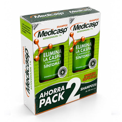 Medicasp Shampoo Anticaspa- 2 PACK- Auxiliar en la eliminación del hongo de la caspa, alivia comezón y ardor, deja el cabello con brillo y suavidad, ideal para uso diario, 2 botellas de 130 ml