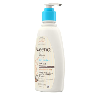 Aveeno Baby Crema Hidratante Diaria Daily Moisturizing Cream Prebiótica | 12 fl oz, aceite de coco, manteca de karité, hipoalergénica, aroma suave de coco