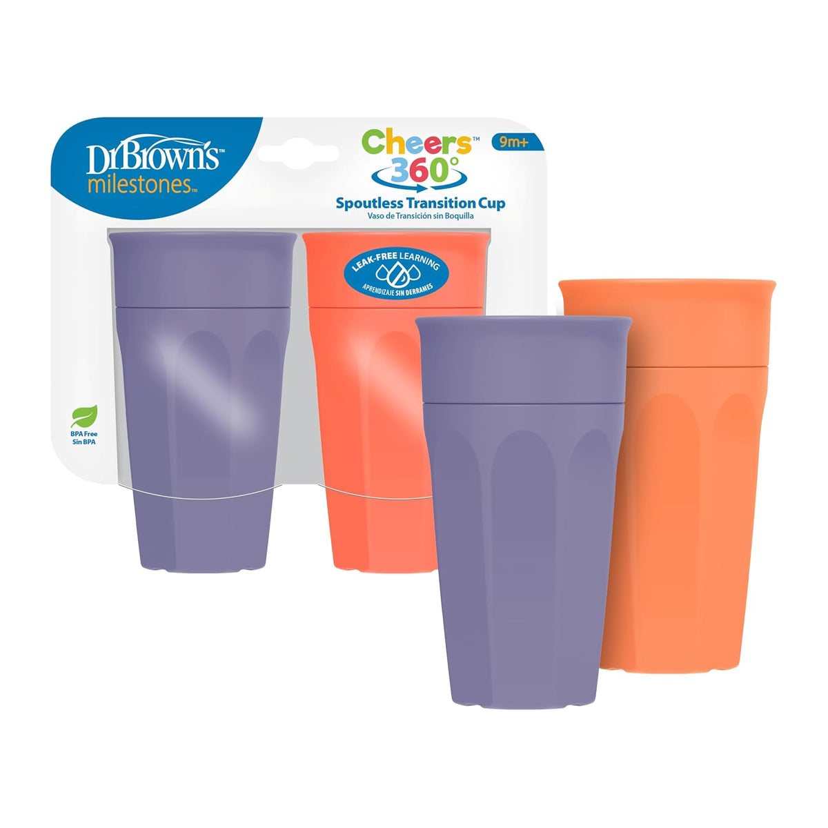 Dr. Brown's Milestones Cheers 360 Taza de transición sin boquillas, apto para viajes y sin fugas para bebés y niños pequeños, coral y morado, sin BPA, 10 onzas, 300 ml, 9 m+