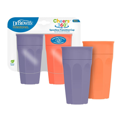 Dr. Brown's Milestones Cheers 360 Taza de transición sin boquillas, apto para viajes y sin fugas para bebés y niños pequeños, coral y morado, sin BPA, 10 onzas, 300 ml, 9 m+